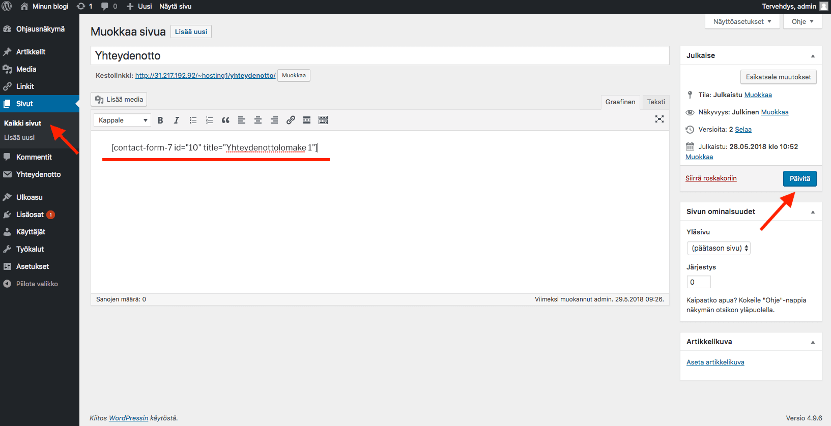 WordPress ohjeet - lomakkeen sijoittaminen sivulle