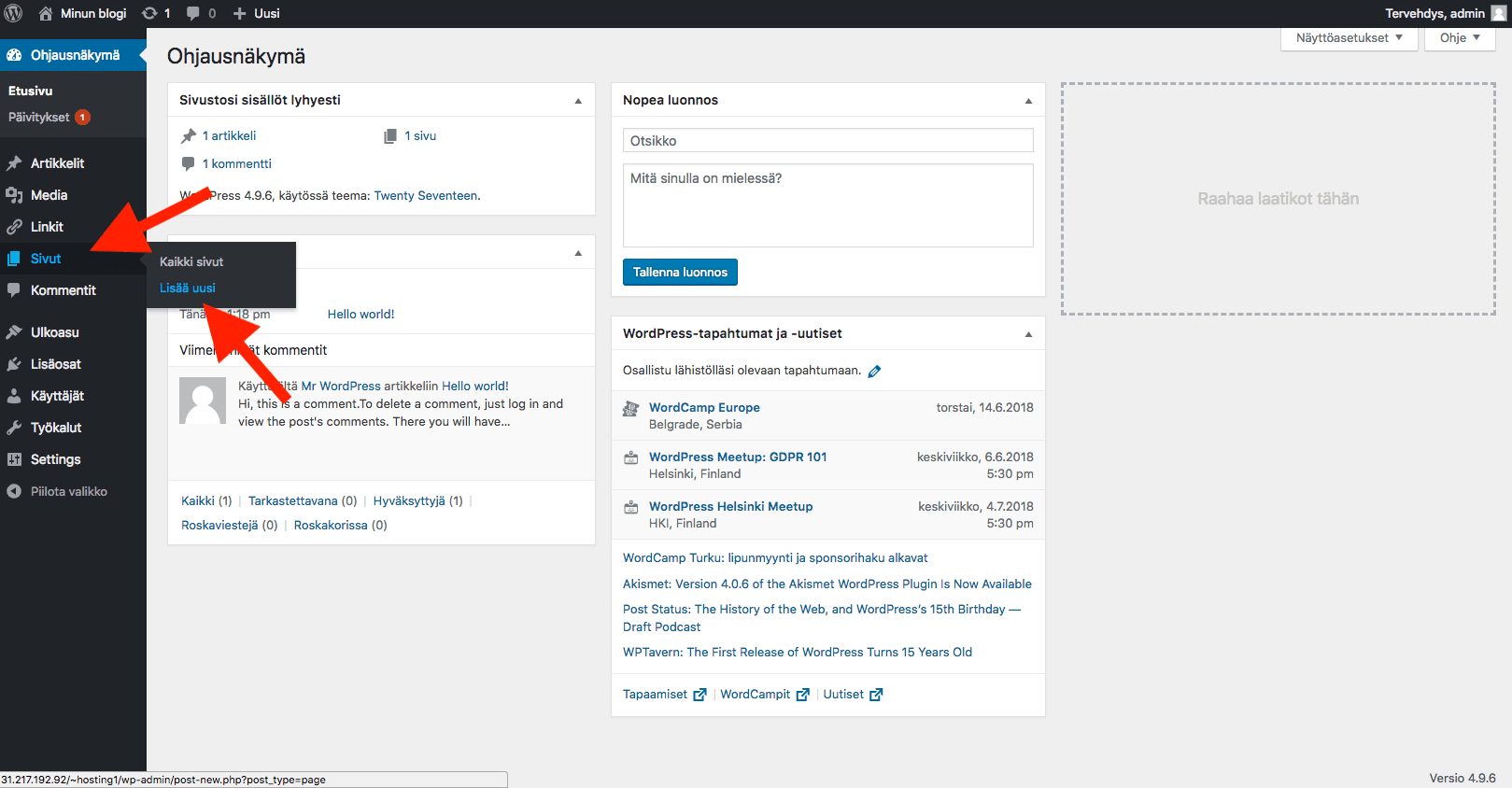 WordPress ohjeet - lisää sivu