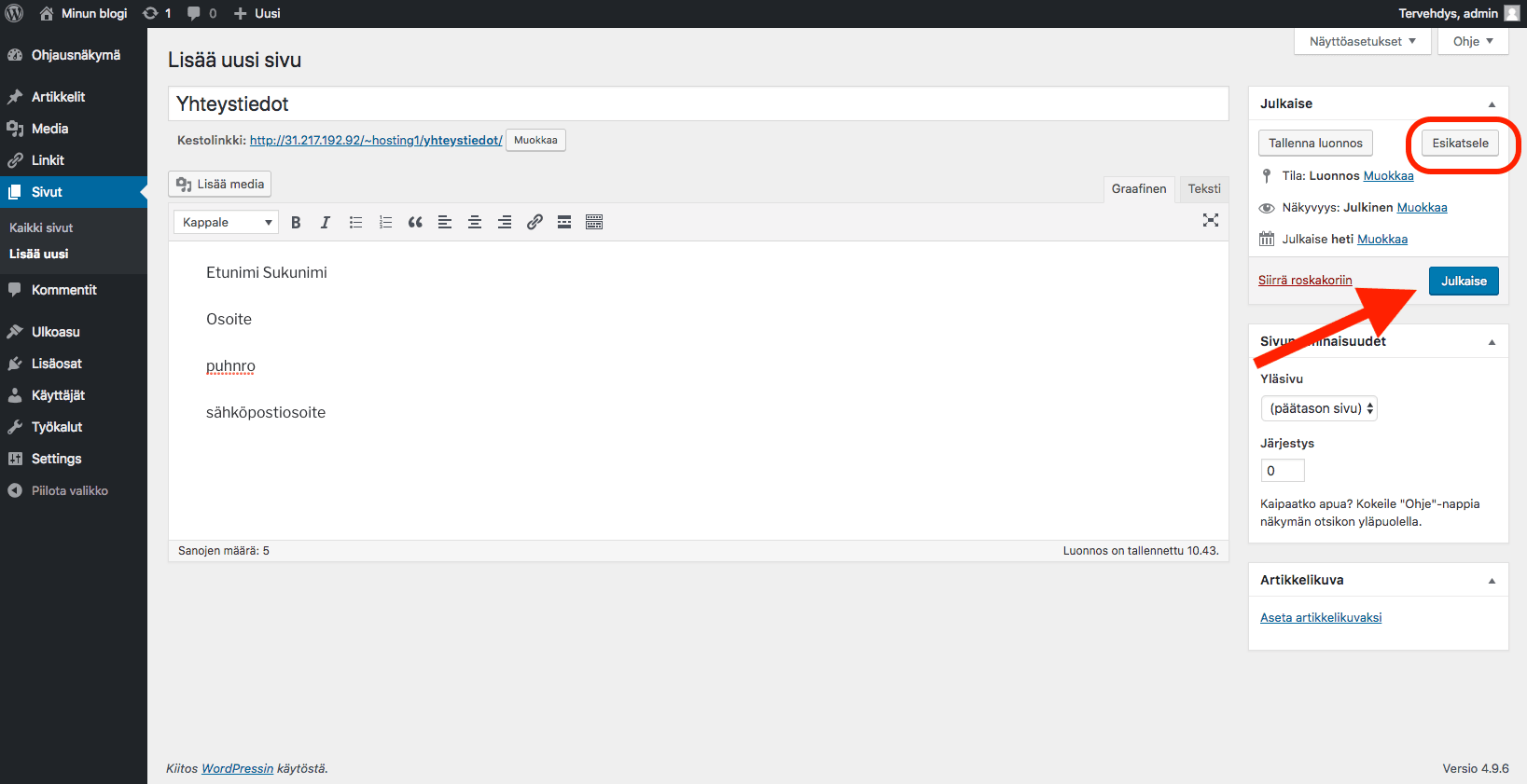 WordPress ohjeet - julkaise sivu