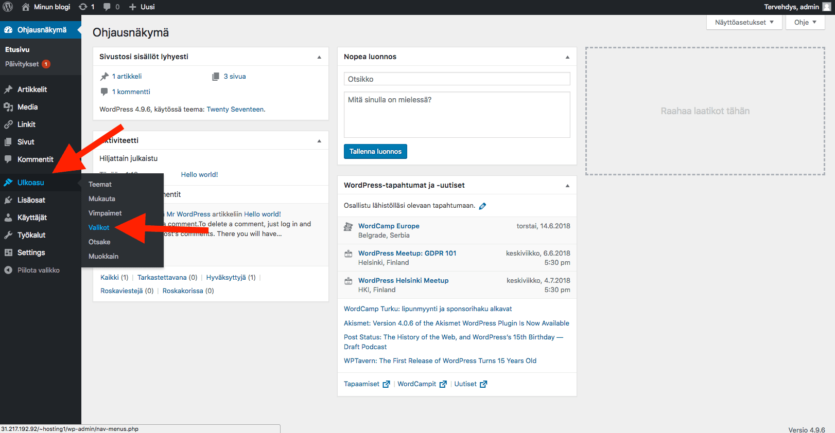 WordPress ohjeet - valikon asettaminen