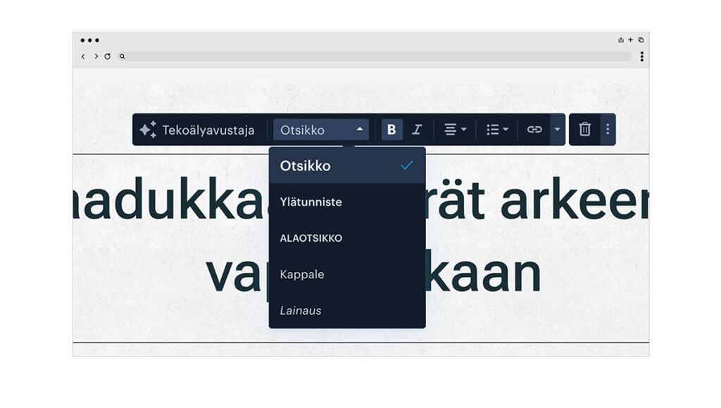 Kuvakaappaus Saitti-kotisivukoneen otsikko-valikosta.