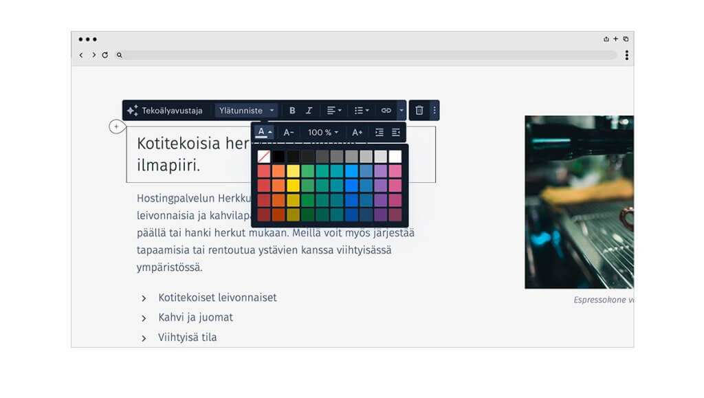Kuvakaappaus Saitti-kotisivukoneen värivalikosta.